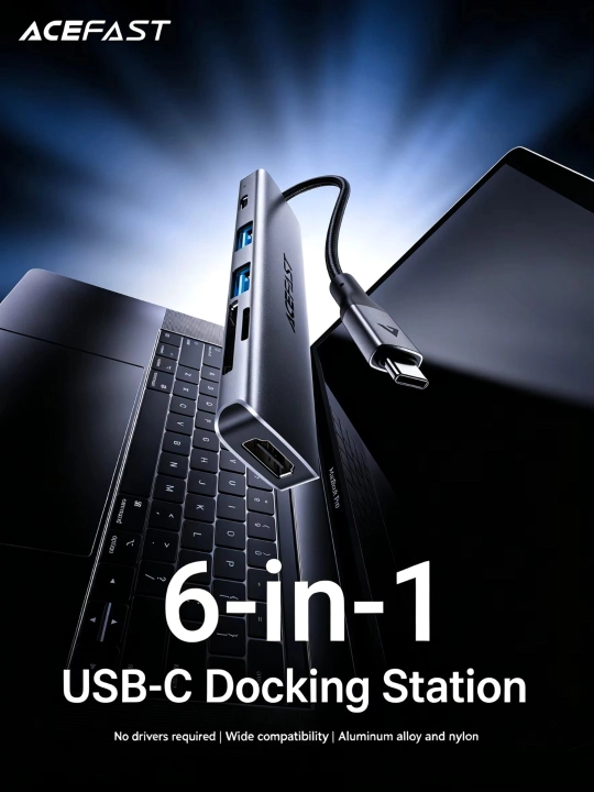 ACEFAST J18 USB-C Hub 6-in-1 – HDMI 4K 60Hz, USB 3.0, PD 90W, SD/TF