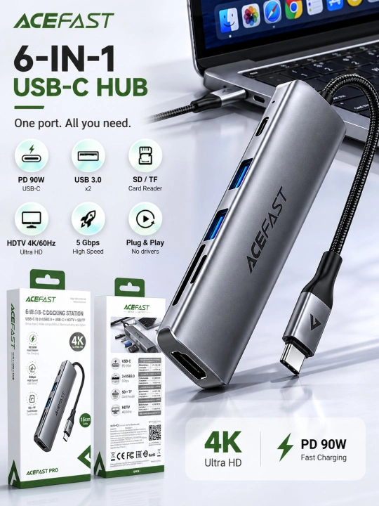 ACEFAST J18 USB-C Hub 6-in-1 – HDMI 4K 60Hz, USB 3.0, PD 90W, SD/TF - 