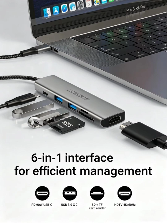 ACEFAST J18 USB-C Hub 6-in-1 – HDMI 4K 60Hz, USB 3.0, PD 90W, SD/TF