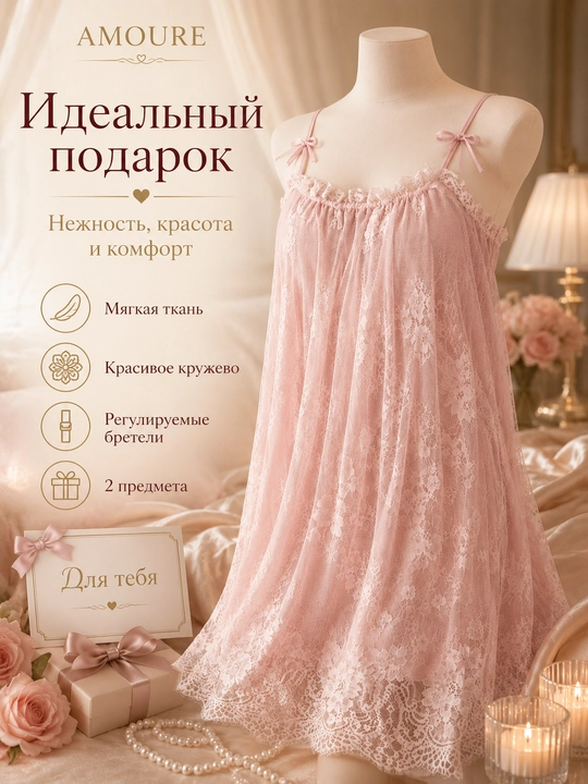 Пижама женская, пеньюар для женщин, ночная сорочка, ночнушка, пеньюар кружевной, стринги - 