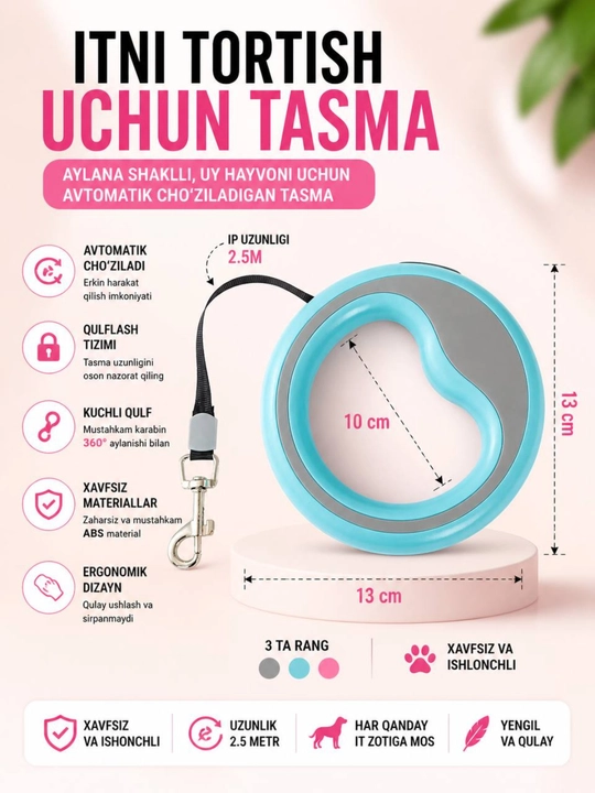 Itlar uchun 2,5 m uzunlikdagi avtomatik bog‘ich tugmachali boshqaruv