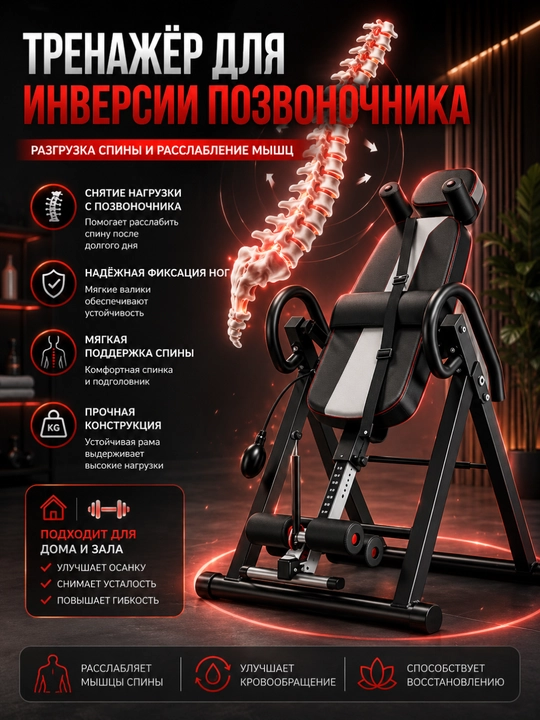 Инверсионный стол, тренажер, для позвоночника и грыжи диска - 