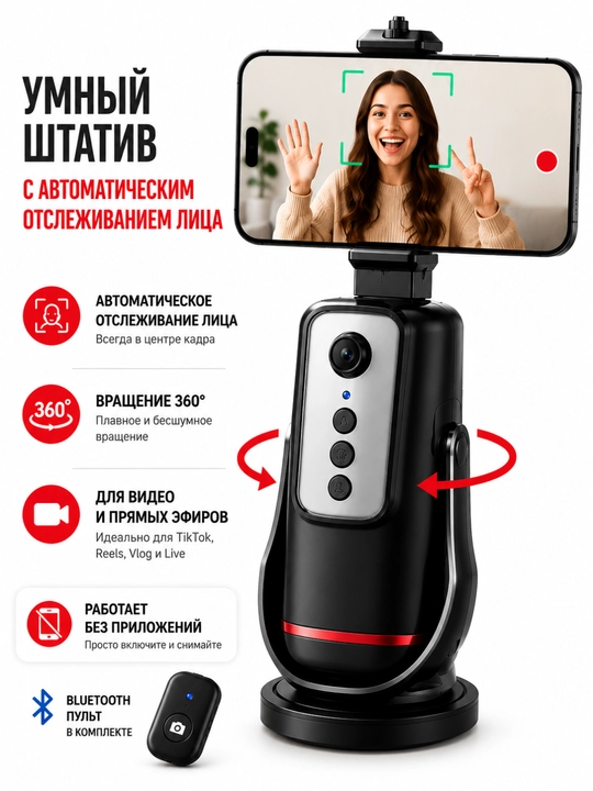360° AI yuzni kuzatuvchi Smart shtativ, Bluetooth pult, Reels, TikTok va Live uchun - 