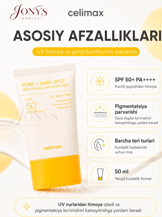 Quyoshdan himoyalovchi krem SPF 50+ PA++++ Celimax