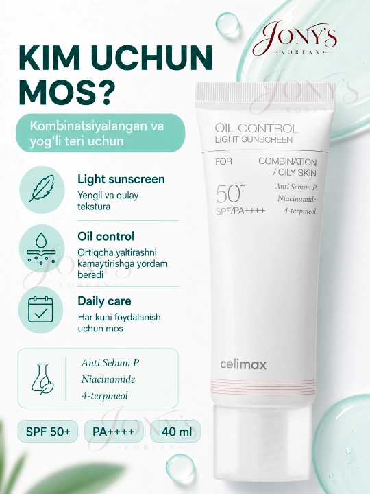 Quyoshdan himoyalovchi krem SPF 50+ PA++++ Celimax
