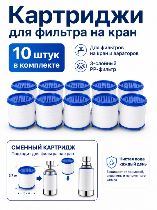 Kran filtri uchun 10 ta kartrij 3 qatlamli PP filtr aerator uchun almashtiriladi - 
