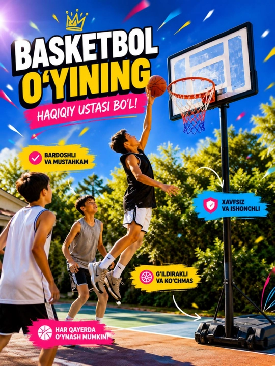 Basketbol halqasining balandligi 170 dan 230 sm gacha bo‘lib, uy sport zalida foydalanish uchun mos keladi - 