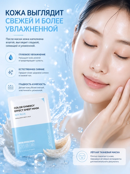 Тканевая маска для лица Deoproce Sky Blue с ласточкиным гнездом и молоком, 20 г