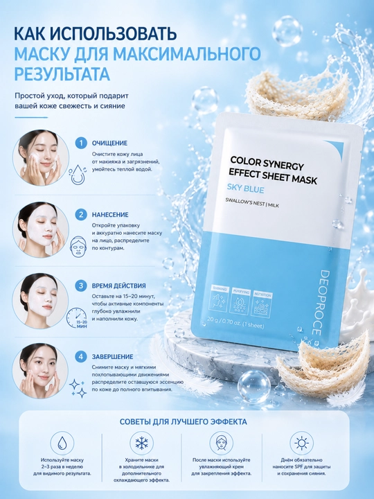 Тканевая маска для лица Deoproce Sky Blue с ласточкиным гнездом и молоком, 20 г