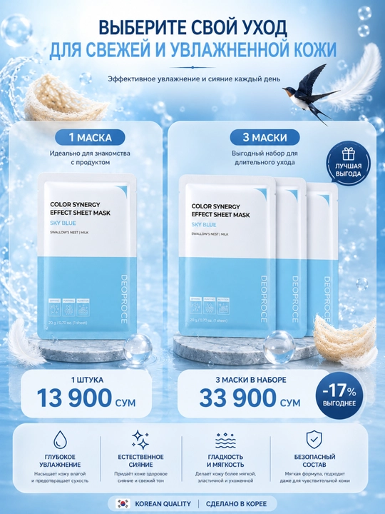 Тканевая маска для лица Deoproce Sky Blue с ласточкиным гнездом и молоком, 20 г