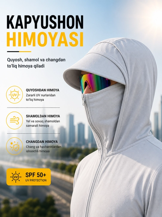 SPF 50+ quyoshdan himoya koftasi, kapyushon va maskali