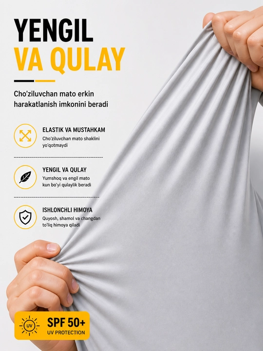 SPF 50+ quyoshdan himoya koftasi, kapyushon va maskali