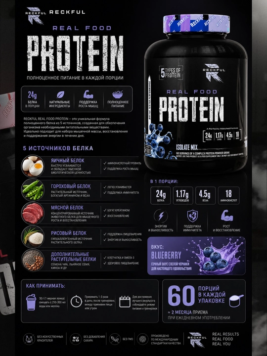 Reckful Real food Protein complex 1.8kg isolate 100%, копмлекс