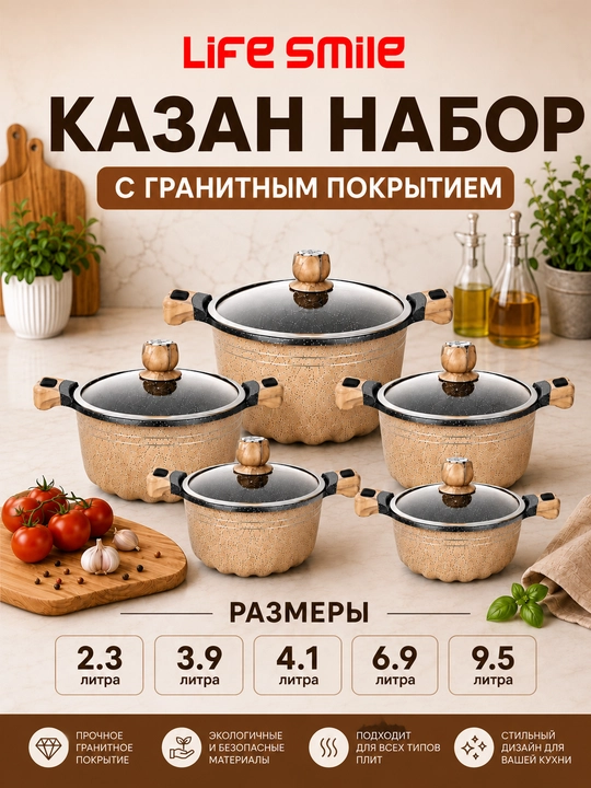 Набор посуды Life Smile с гранитным покрытием, 5 предметов, индукция - 
