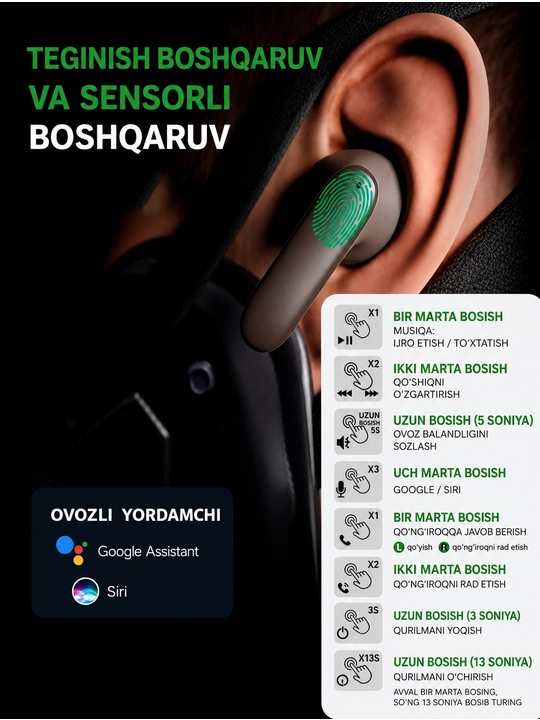 Simsiz Bluetooth quloqchinlar, TWS sensorli naushnik, iPhone va Android uchun mos, YL01