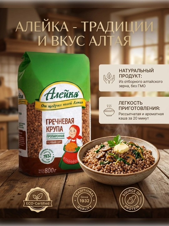 Крупа гречневая пропаренная "Алейка" от щедрых полей Алтая 800 гр - 