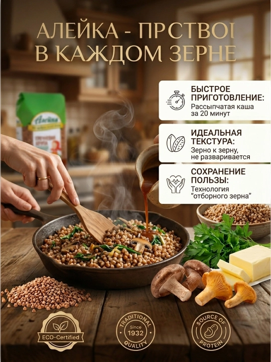 Bug‘da ishlov berilgan grechka yormasi “Aleyka” (Oltoy serhosil dalalaridan), 800 g