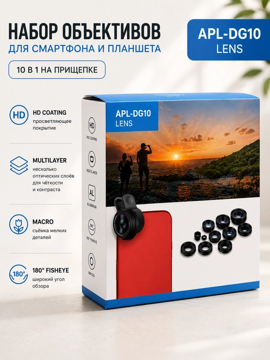 Набор объективов для телефона 10-в-1, Линзы для съемки на телефон Apexel - 
