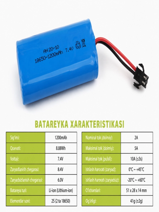 Аккумулятор 18650, 7.4V 1200mAh, SM - 2P, литиевый перезаряжаемый
