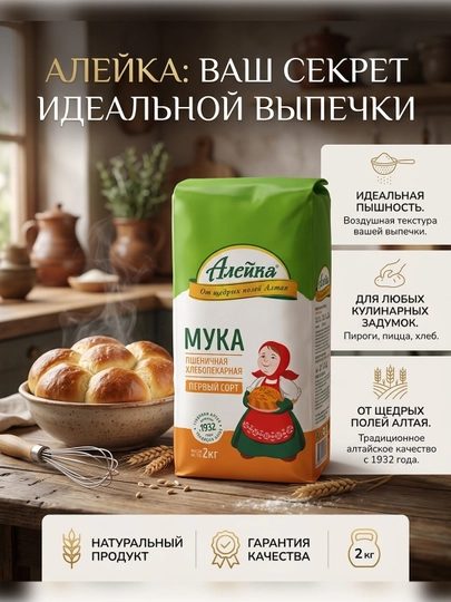 Мука  Хлебопекарная "Алейка" Первый сорт 2 кг от щедрых полей Алтая — ALEYKA-ALKMUKA1SORT2KG