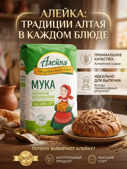 Мука пшеничная "Алейка" высший сорт 3 кг для идеальной выпечки от щедрых полей Алтая — ALEYKA-ALMUKAVS3KG