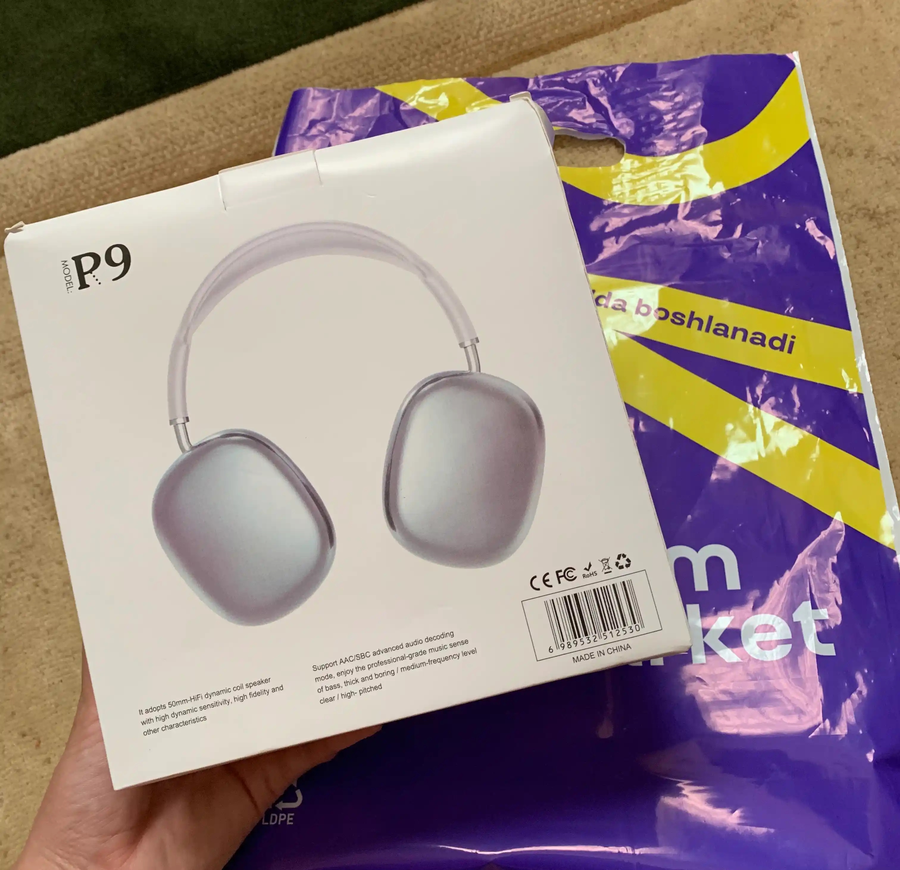 Simsiz Bluetooth quloqchinlar, P9, mikrofonli, to'liq o'lchamli