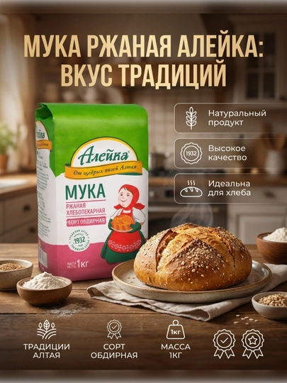 Мука "Алейка" ржаная обдирная 1 кг от щедрых полей Алтая - 