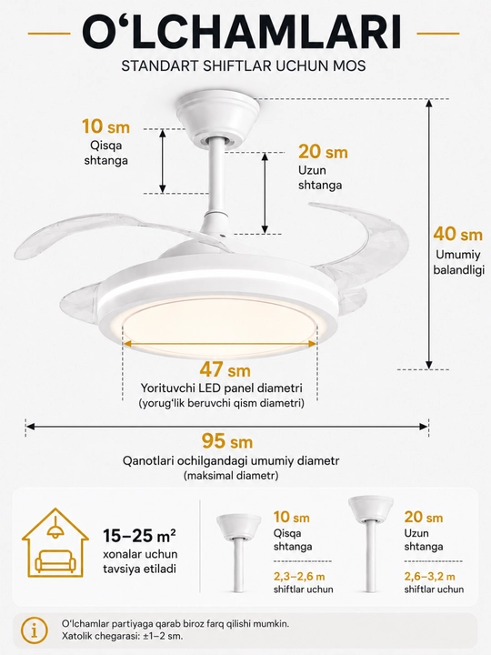 LED Ventilyator Qandil, Pultli, 3 Rangli Yorug'lik, 6 Tezlik, Shift Lyustrasi