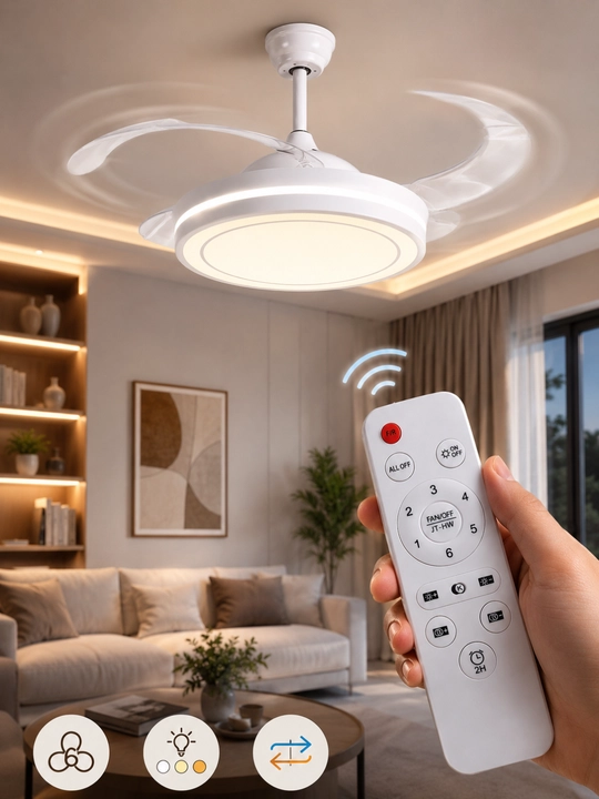 LED Ventilyator Qandil, Pultli, 3 Rangli Yorug'lik, 6 Tezlik, Shift Lyustrasi