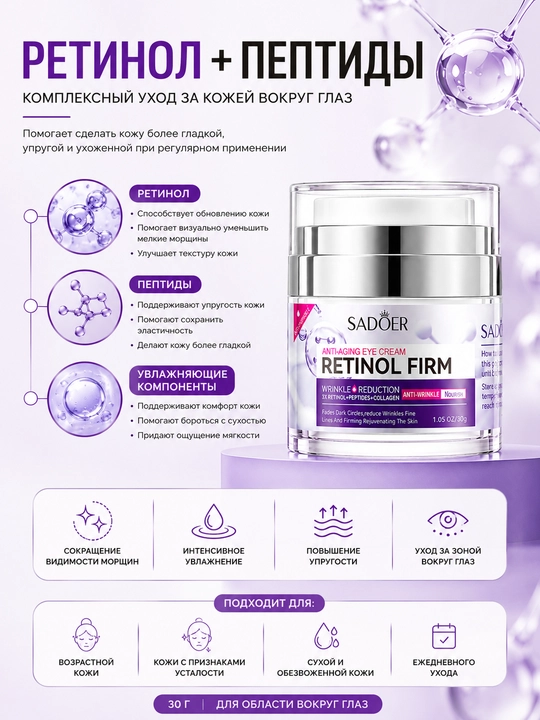 Антивозрастной крем для глаз SADOER Retinol Firm, против морщин и темных кругов