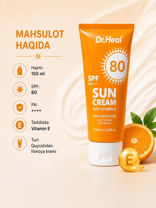Солнцезащитный крем Dr. Heal Sun Cream SPF 80 PA+++, витамин E, кокосовое масло, 150 мл