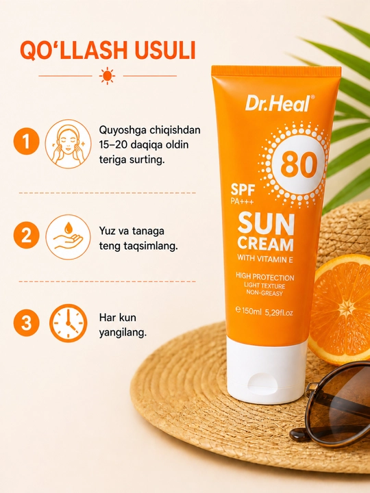 Солнцезащитный крем Dr. Heal Sun Cream SPF 80 PA+++, витамин E, кокосовое масло, 150 мл