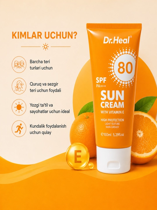 Солнцезащитный крем Dr. Heal Sun Cream SPF 80 PA+++, витамин E, кокосовое масло, 150 мл