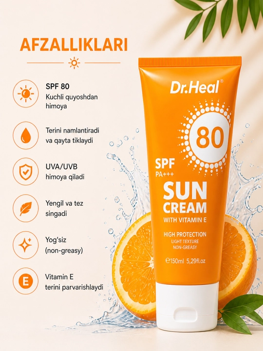 Солнцезащитный крем Dr. Heal Sun Cream SPF 80 PA+++, витамин E, кокосовое масло, 150 мл
