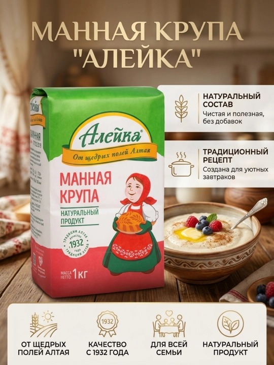 Манная крупа «Алейка» изготовлена из мягких сортов пшеницы 1кг - 
