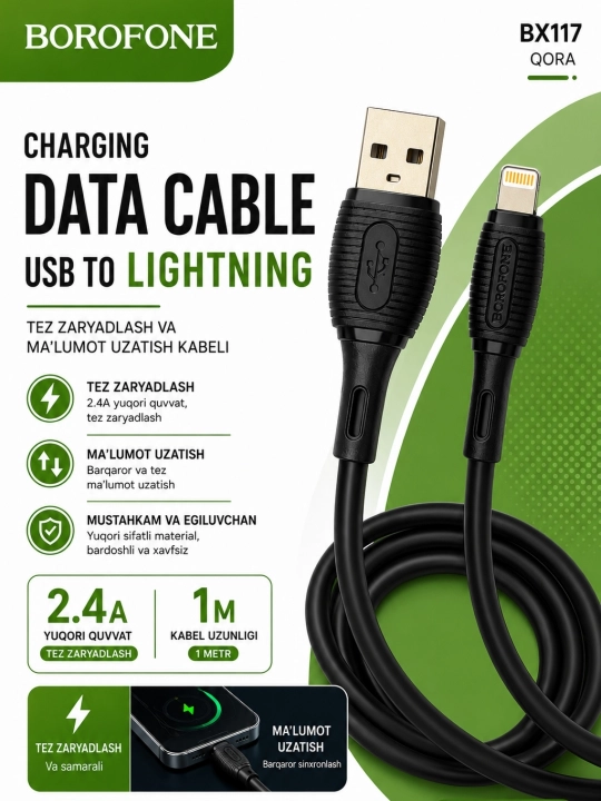 USB-Lighting kabeli, tezkor quvvatlagich, Iphone, IOS - 