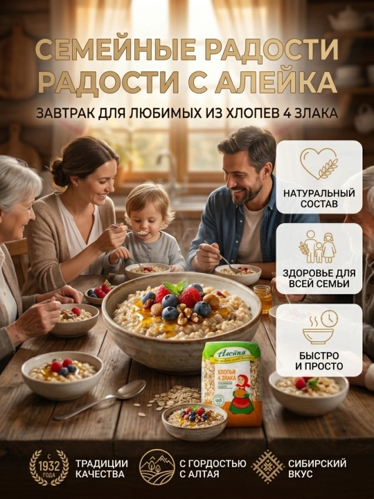 Хлопья «Алейка» 4 злака, натуральные, для полезного и сытного завтрака, 400 г