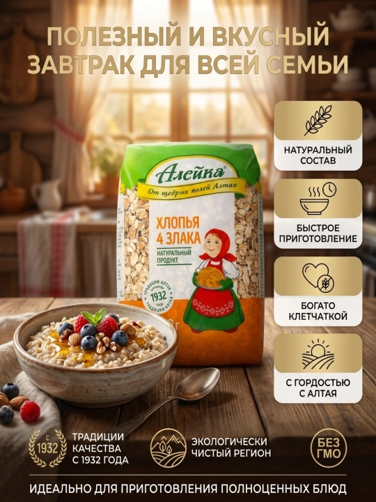 Хлопья «Алейка» 4 злака, натуральные, для полезного и сытного завтрака, 400 г - 