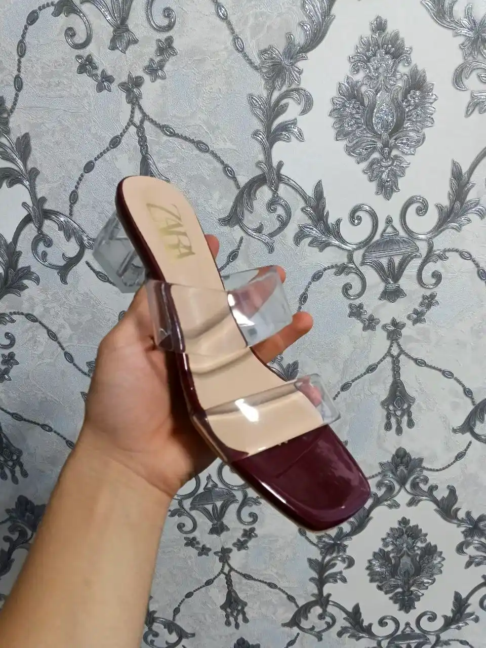 ZARA ayollar uchun shaffof tasmali va poshnali nafis oyoq kiyimi, karobkasi bilan