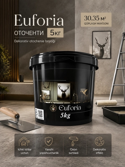 Euforia Ottocento dekorativ bo‘yoq, 5 kg – ichki devorlar uchun dekorativ qoplama - 