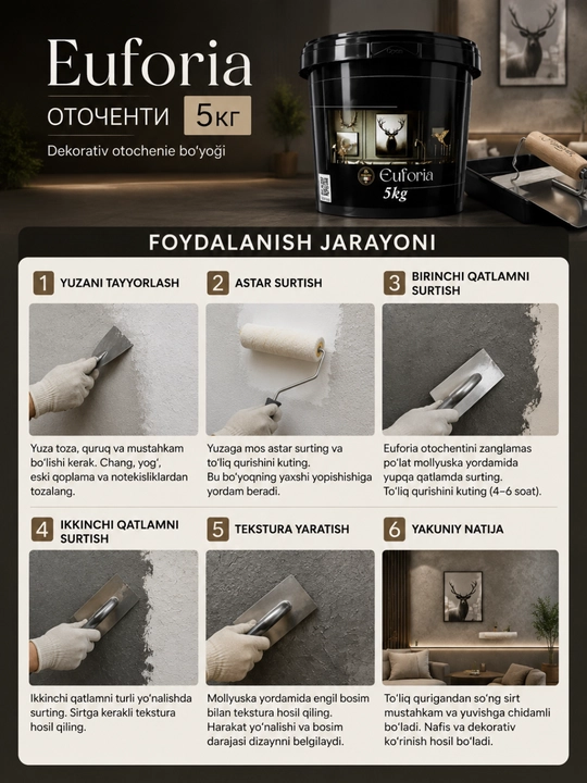 Euforia Ottocento dekorativ bo‘yoq, 5 kg – ichki devorlar uchun dekorativ qoplama