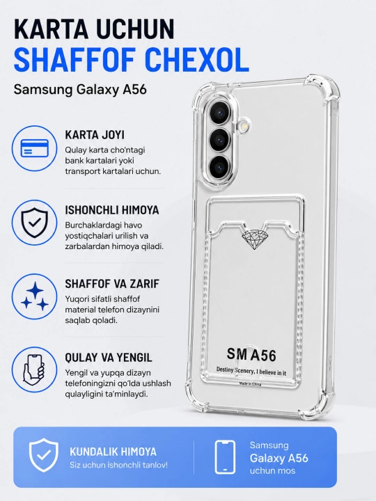 Samsung Galaxy A54, A55,A56 uchun karta bo‘limiga ega g‘ilof