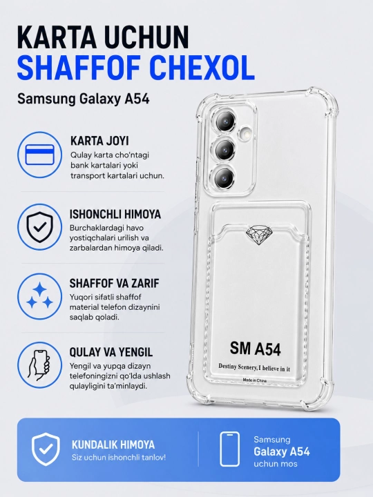 Samsung Galaxy A54, A55,A56 uchun karta bo‘limiga ega g‘ilof