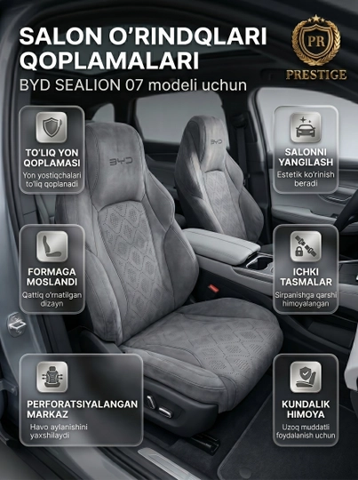 Чехлы на сиденья автомобиля BYD SEALION 07 комплект авточехлов, закрытые боковины — PREST01-BYDSEALION-СЕРЫЙ