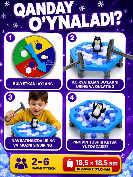 Stol o‘yini «Pingvin tuzog‘i» — bolalar va oila uchun muzlarni sindirish o‘yini