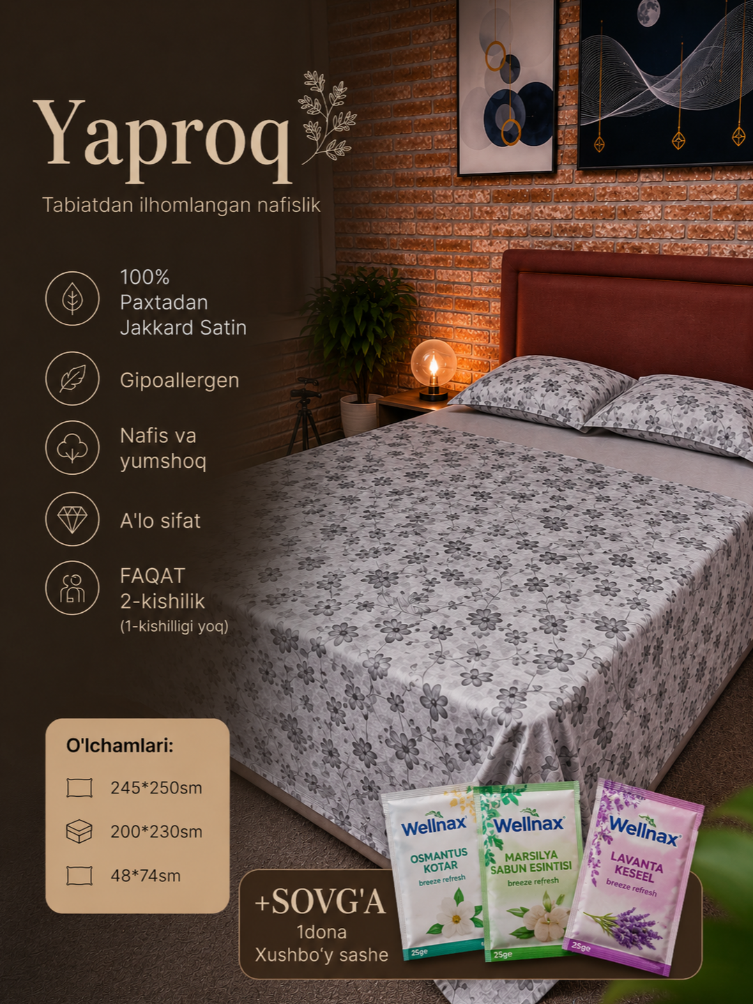 Jakkard-satindan tayyorlangan yotoq choyshablari, 100% paxta - 