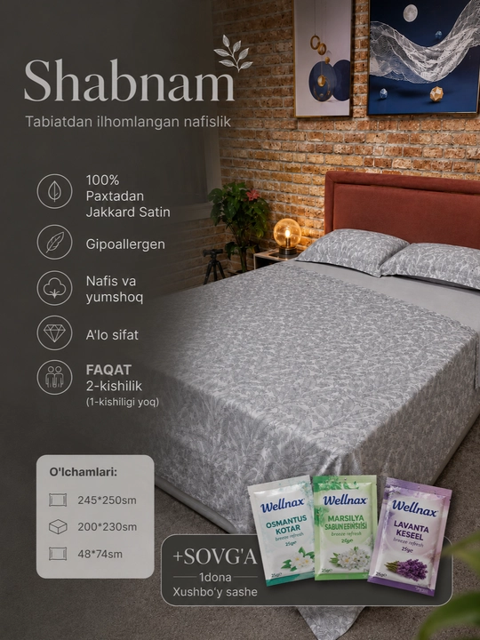 Jakkard-satindan tayyorlangan yotoq choyshablari, 100% paxta - 
