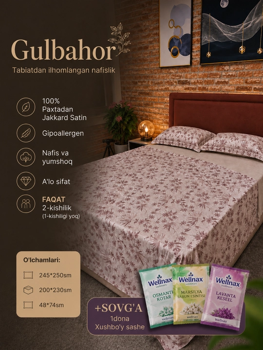 Jakkard-satindan tayyorlangan yotoq choyshablari, 100% paxta - 
