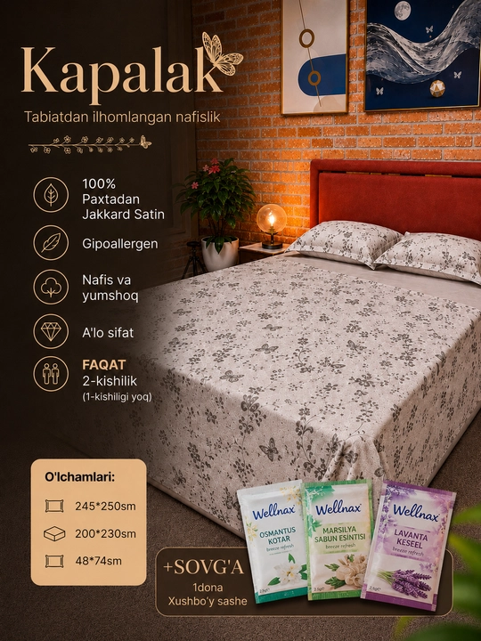Jakkard-satindan tayyorlangan yotoq choyshablari, 100% paxta - 