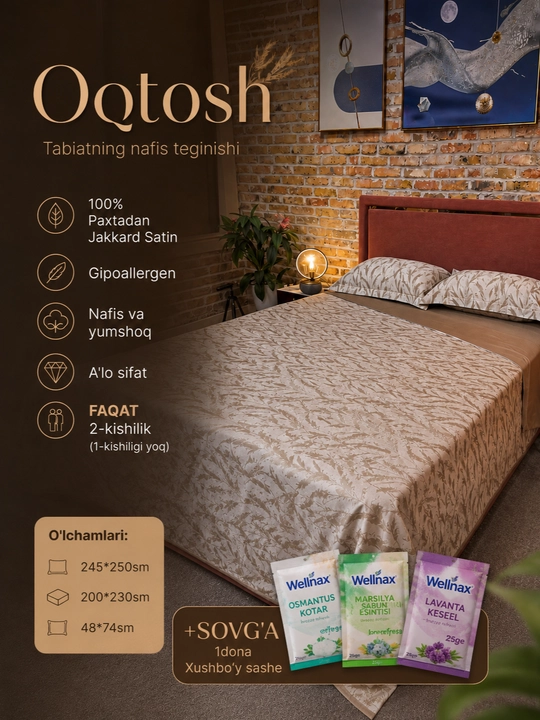 Jakkard-satindan tayyorlangan yotoq choyshablari, 100% paxta - 